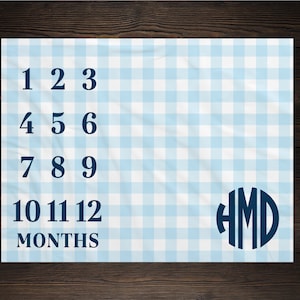Boy Milestone Blanket Personalized Monthly Growth Tracker Custom Baby Shower Gift For New Mom Gingham Plaid Blanket For Newborn Nursery
