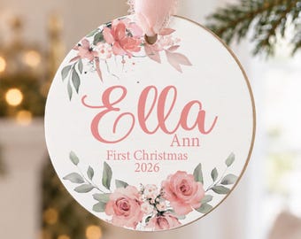 Baby First Christmas Ornament, Personalized Baby Christmas Ornament, Pink Floral Christmas, Holiday Baby Ornament