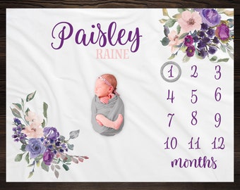Purple Floral Milestone Blanket, Baby Month Milestone Blanket, Baby Girl Milestone Blanket, Track Growth, Keepsake Baby Shower Gift, Newborn