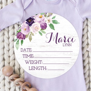 Purple Floral Birth Stats Round Wood Baby Name Sign Wooden Personalized ...