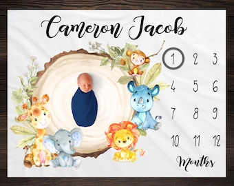 Safari Milestone Blanket Personalized Milestone Blanket Month Blanket Jungle Baby Blanket New Baby Growth Photo Prop Baby Shower Gift