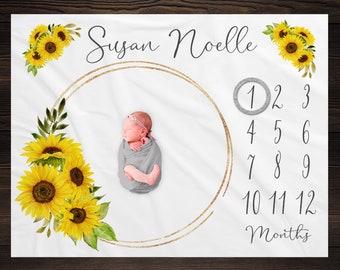 Sunflower Floral Milestone Blanket, Baby Month Blanket, Baby Girl Milestone Blanket, Track Growth, Keepsake, Baby Shower Gift, Yellow Flower