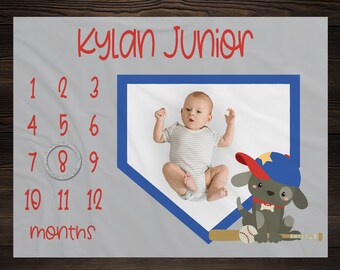 Sports Milestone Blanket, Puppy Dog Monthly Growth Tracker, Baseball Blanket, Baby Shower Gift, Personalized Baby Boy Gift, Watch Me Grow