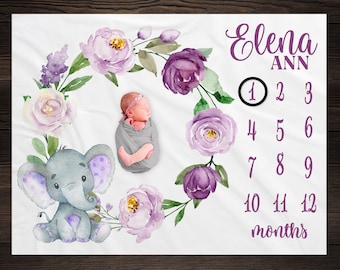 Purple Floral Baby Elephant Milestone Blanket, Safari Milestone Blanket, Baby Shower Gift, Baby Keepsake Gift, Girl Wreath Milestone Blanket