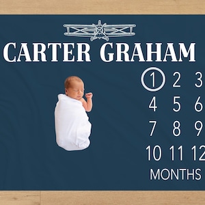 Airplane Baby Milestone Blanket Personalized Monthly Baby Blanket Custom Aviation Baby Shower Gift For New Mom Keepsake Gift For One Year