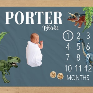Dinosaur Baby Milestone Blanket Personalized Monthly Baby Blanket Custom Dinosaur Baby Shower Gift For New Mom Keepsake Gift For One Year