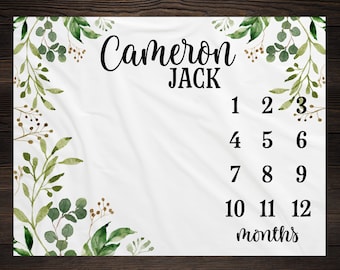 Milestone Blanket Personalized Monthly Growth Tracker Custom Baby Shower Gift For New Mom Watercolor Eucalyptus Blanket Newborn Nursery BM23