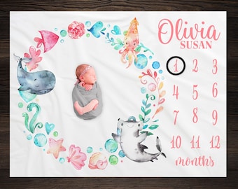 Under the Sea Baby Milestone Blanket, Sea Animals Milestone Blanket, Baby Shower Gift, Baby Keepsake Gift, Sea Life Nursery, GM05