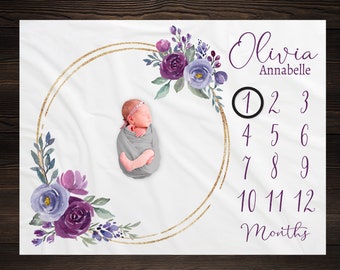 Purple Floral Milestone Blanket, Baby Month Blanket, Baby Girl Milestone Blanket Track Growth Keepsake Baby Shower Gift