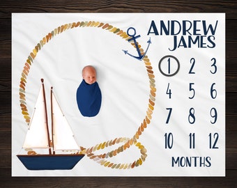 Nautical Baby Milestone Blanket Month Blanket Baby Growth Tracker Blanket Baby Shower Baby Newborn Gift Baby Boy Sail Boat Nursery BM06