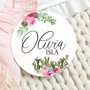 Cactus Baby Girl Round Wood Baby Name Sign Wooden Personalized Baby Name Newborn Announcement Custom Nursery Sign Decor