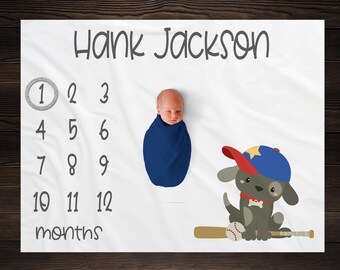 Sports Milestone Blanket, Puppy Dog Monthly Growth Tracker, Baseball Blanket, Baby Shower Gift, Personalized Baby Boy Gift, Watch Me Grow