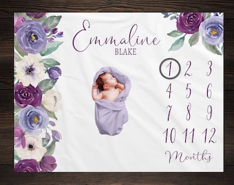 Purple Floral Milestone Blanket, Baby Month Blanket, Baby Girl Milestone Blanket Track Growth Keepsake Baby Shower Gift