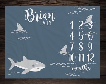 Shark Milestone Blanket Monthly Growth Tracker Blanket Baby Shower Gift Newborn Gift Blanket Watch Me Grow Baby Boy Nautical BM25