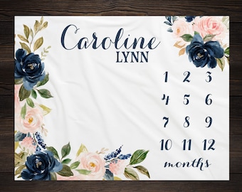 Girl Milestone Blanket Personalized Monthly Growth Tracker Custom Baby Shower Gift For New Mom Watercolor Floral Blanket For Newborn Nursery
