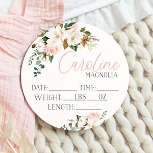 Magnolia Birth Stat Round Wood Baby Hospital Name Sign Wooden Personalized Baby Name Newborn Announcement Custom Nursery Sign Decor Fresh 48