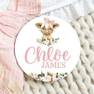 Cow Baby Girl Round Wood Baby Name Sign Wooden Personalized Baby Name Newborn Announcement Custom Nursery Sign Decor