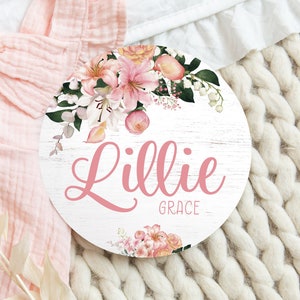 Lily Floral Baby Girl Round Wood Baby Name Sign Wooden Personalized Baby Name Newborn Announcement Custom Nursery Sign Decor