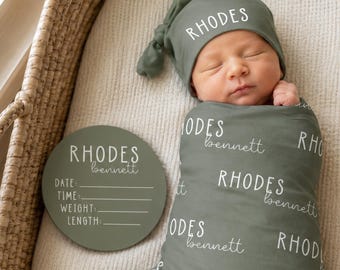 Personalized Baby Swaddle Set, Custom Newborn Blanket with Name Hat, Baby Coming Home Outfit, Optional Name Sign Add On JS55