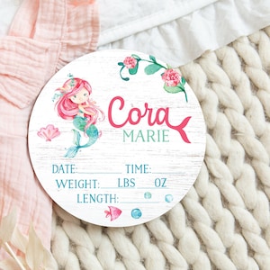 Mermaid Birth Stats Round Wood Baby Name Sign Wooden Personalized Baby Name Newborn Announcement Custom Nursery Sign Decor Hello World