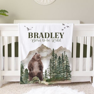 Woodland Bear Blanket, Personalized Bear Baby Blanket Gift, Toddler Blanket, Forest Decor, Toddler Birthday Gift, Born To Be Wild, Woodland