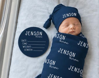Personalized Baby Swaddle Set, Custom Newborn Blanket with Name Hat, Baby Coming Home Outfit, Optional Name Sign Add On JS55