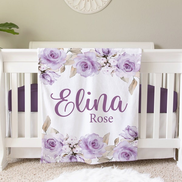 Purple Rose Personalized Blanket, Custom Baby Blanket, Baby Shower Gift, Rose Nursery Blanket, Crib Blanket, Newborn Photos Prop, BB11