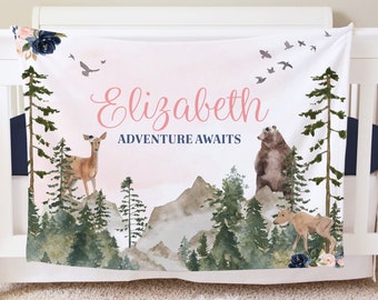 Woodland Girl Blanket, Personalized Baby Blanket Gift, Toddler Blanket, Forest Decor, Toddler Birthday Gift, Woodland Theme Adventure Awaits