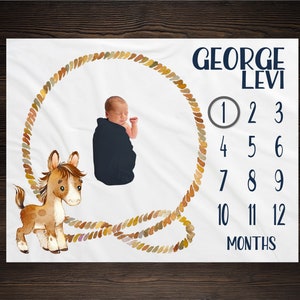 Horse Milestone Blanket Month Blanket Baby Growth Tracker Soft Blanket Baby Shower Gift Newborn Boy Blanket Watch Me Grow Cowboy