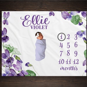 Violet Flower Milestone Blanket, Baby Month Blanket, Baby Girl Milestone Blanket Track Growth Keepsake Baby Shower Gift Roses Floral Blanket