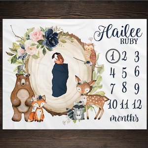 Woodland Milestone Blanket Monthly Growth Tracker Soft Fleece Deer Blanket Baby Shower Gift Newborn Gift Blanket Watch Me Grow Baby Girl