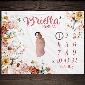 Baby Girl Wildflower Floral Milestone Blanket For Monthly Growth Photos, Perfect Baby Shower Gift For Mom To Be, GM12