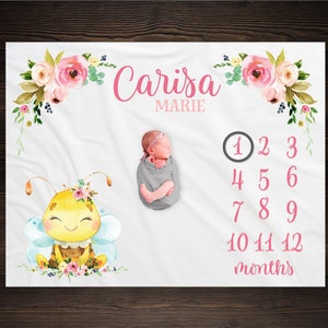 Floral Bee Milestone Blanket Personalized Monthly Growth Tracker Custom Baby Shower Gift Newborn Honey Bee Nursery