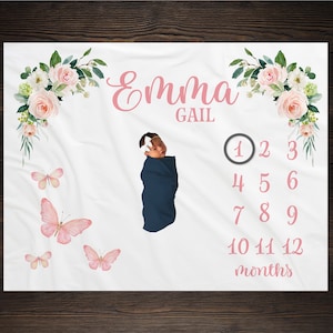 Butterfly Floral Milestone Blanket, Milestone Blanket, Baby Shower Gift, Baby Keepsake Gift, Girl Pink Butterfly Growth Track Blanket