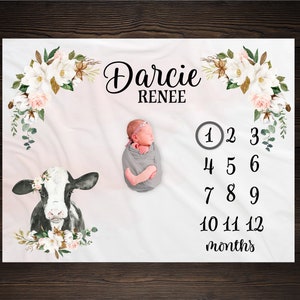 Floral Cow Milestone Blanket Personalized Monthly Growth Tracker Custom Baby Shower Gift Newborn Farm Nursery Magnolia Cotton Rose Floral