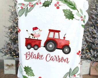 Personalized Farm Christmas Blanket, Christmas Present For Kids With Cow and Tractor