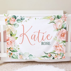 Pink Floral Personalized Baby Blanket, Custom Baby Blanket, Baby Shower Gift, Boho Baby Blanket, Nursery Blanket, Crib Blanket, Hospital