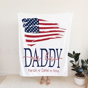 Hero Father&#39;s Day Blanket, Fathers Day Gift, Personalized Blanket For Dad, Grandpa Gift, Gift For Grandparent, American Flag Hero Blanket