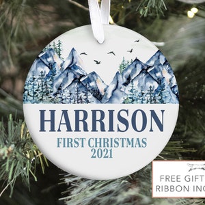 Mountains Baby First Christmas Ornament, Personalized Baby Christmas Ornament, Adventure Boy Ornament, Holiday Baby Gift, Stocking Stuffer
