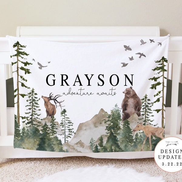 Walddecke, personalisierte Babydecke Geschenk, Kleinkind-Decke, Wald-Dekor, Kleinkind-Geburtstags-Geschenk, Waldthema-Abenteuer erwartet BB01