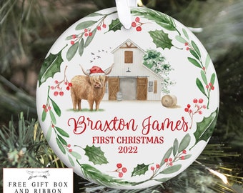Highland Cow Farm Baby First Christmas Ornament, Personalized Baby Christmas Ornament, Cow Christmas, Barn Holiday Baby Ornament