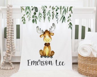 Moose Blanket, Personalized Baby Blanket Gift, Toddler Blanket, Moose Nursery Decor, Toddler Birthday Gift, Woodland Blanket