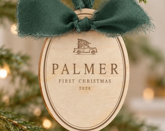 Personalized Vintage Truck First Christmas Ornament, Engraved Wood Keepsake