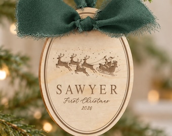 Personalized Santa First Christmas Ornament, Engraved Wood Keepsake