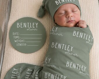 Personalized Baby Swaddle Set, Custom Newborn Blanket with Name Hat, Baby Coming Home Outfit, Optional Name Sign Add On JS55