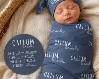 Personalized Baby Swaddle Set, Custom Newborn Blanket with Name Hat, Baby Coming Home Outfit, Optional Name Sign Add On JS55