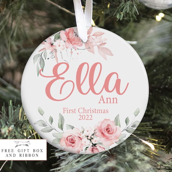 Baby First Christmas Ornament, Personalized Baby Christmas Ornament, Pink Floral Christmas, Holiday Baby Ornament