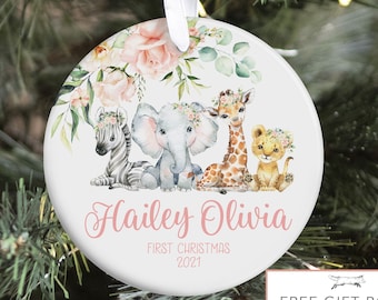 Safari Baby First Christmas Ornament, Personalized Baby Christmas Ornament, Jungle Animal Christmas, Holiday Baby Ornament