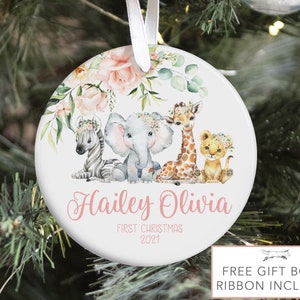 Safari Baby Eerste Kerst Ornament, Gepersonaliseerde Baby Kerst Ornament, Jungle Dier Kerstmis, Vakantie Baby Ornament