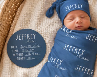 Personalized Baby Swaddle Set, Custom Newborn Blanket with Name Hat, Baby Coming Home Outfit, Optional Name Sign Add On JS55